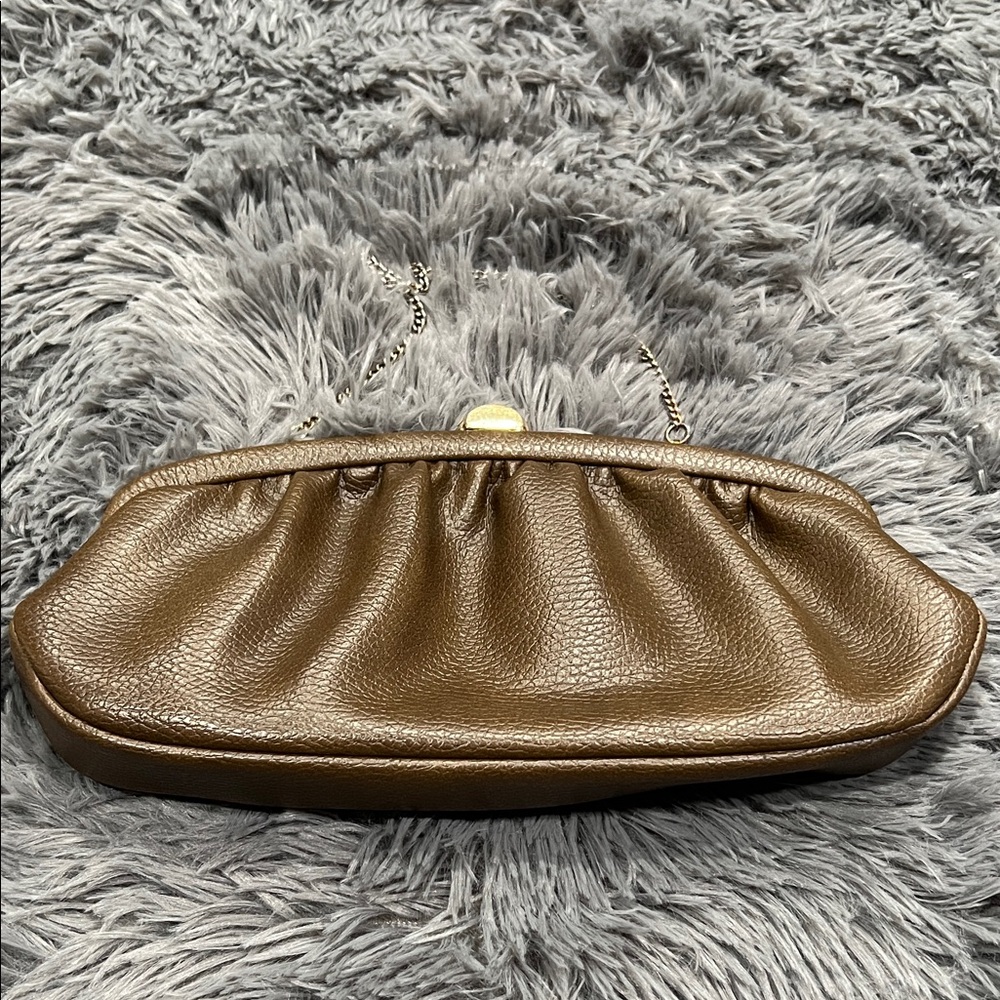Brown Ruched Leather Frame Clutch Gold Hardware Evening Bag Chain Strap